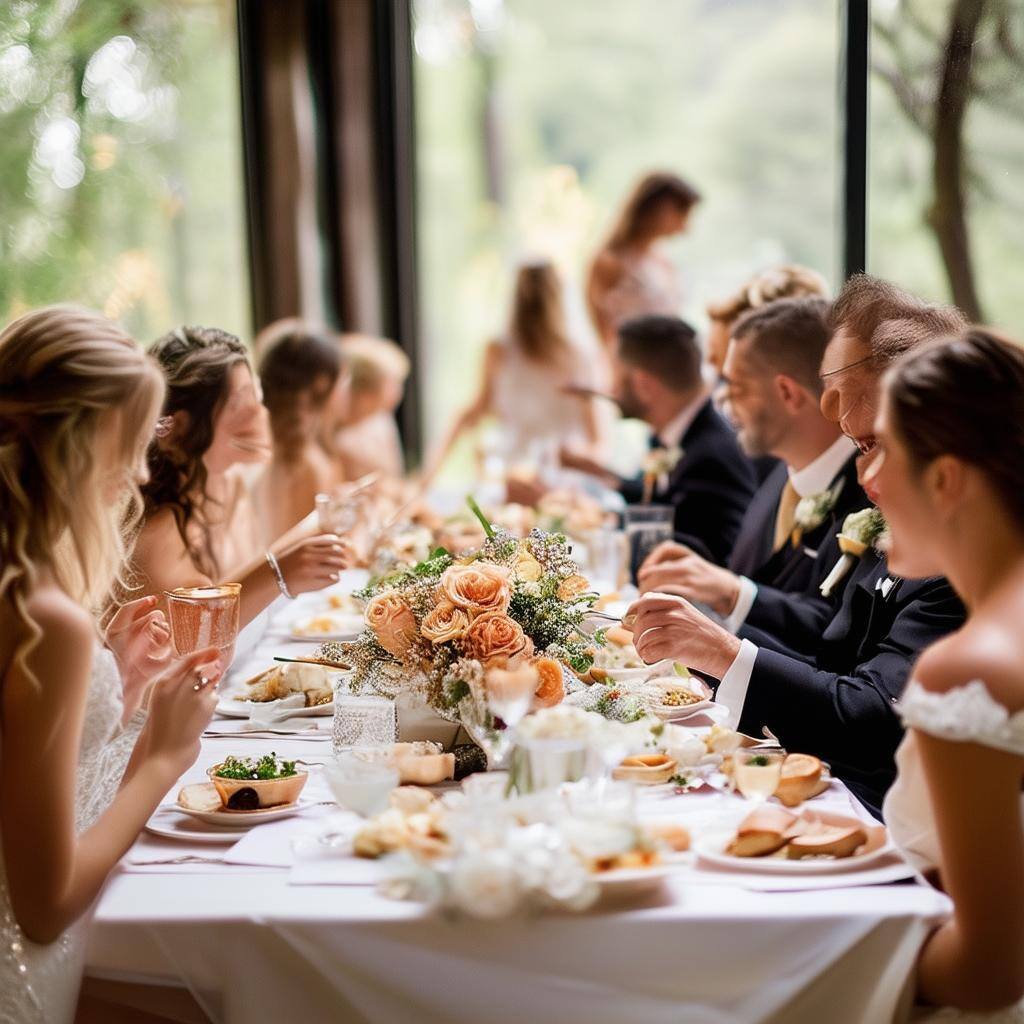 A wedding party eating